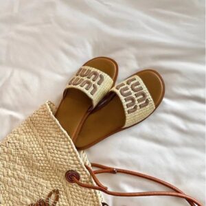 Women Woven Flat Slippers Straw Fashion Beige Woman Casual Sandal Pool Beach Shoes