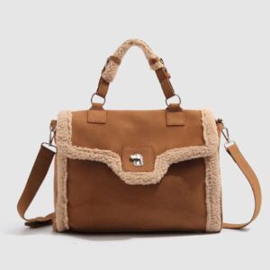 Korean version of high-capacity commuting versatile single shoulder crossbody bag, 2024 autumn and winter new fashion splicing lamb wool handbag