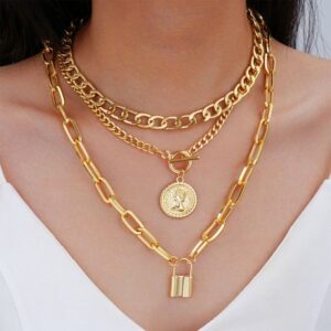 Trendy Multi-Layer Gold Necklace Set with Coin Pendant and Lock Charm, Fashionable Choker for Women