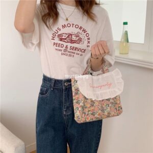 Sweet niche design Japanese and Korean chic sweet lotus edge bento bag fresh floral embroidery handbag girl student bag