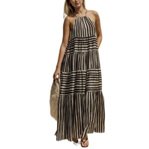 B418 Commuter Lace-up Sleeveless Hottie Striped Print Long Suspender Dress