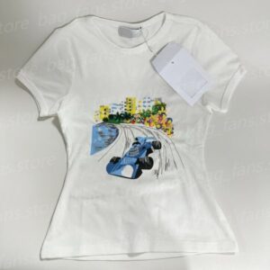 Fashion Designer T-shirts for Women with Car Pattern Summer White Tops 22951