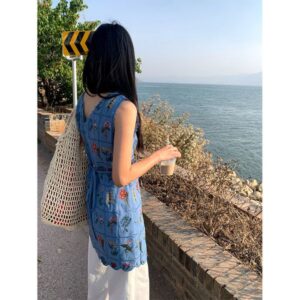 B430 Lace embroidery drawstring waist sleeveless dress female 2025 summer sweet and fresh