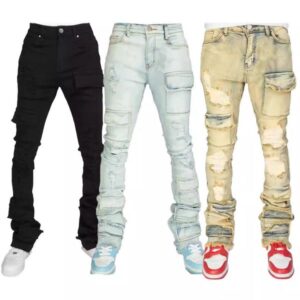 Men's denim tooling straight-leg pants European and American fashion ins popular elastic ripped denim laminated micro-pull men's pants