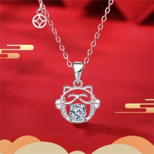 Chinese Style Necklace 925 Sterling Silver DIY Lucky Cat Moissanite Pendant