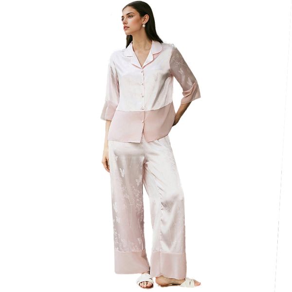 2025 New Women's Spring/Summer Silk Satin Pink Bamboo Butterfly Short-Sleeved Long Pants Pajama Set Homewear