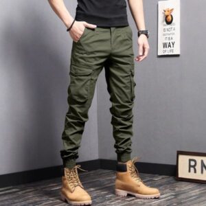 Casual Side Flap Pockets Workwear Tapered Pants, Men's Cargo Pants For Spring Fall Outdoor