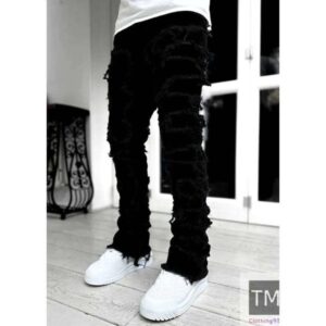 Spring Autumn Individual Patched Black Pants Long Tight Fit Stacked Jeans For Men 240819 B2