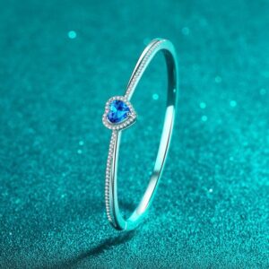 Blue Moissanite Heart Bracelet for Women 925 Sterling Silver PT950 Platinum Plated Bangle Sweet Minimalist Jewelry Gift