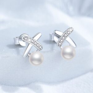 S925 Sterling Silver Earrings, Freshwater Pearl Stud Earrings, Women's Korean Style X-Shape D-Color Moissanite Studs, Fashion High-End Earrings, Wholesale