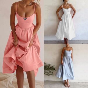 GG-P-R-A Fashion Designer Brand Women's Urban Sexy Dresses Summer New Product Solid Color Sexy U-neck Sexy Low cut Slimming Waist Fold Strap Dress