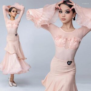 Stage Wear Pink National Standard Latin Dance Professional Costumes Girls Long Sleeves Dancing Waltz Ballroom Dresses SL11071