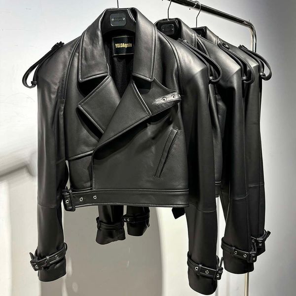 Yoloagain Womens designer Real Leather Jacket 2024 Autumn Oversized Vintage Sheepskin Coat Female