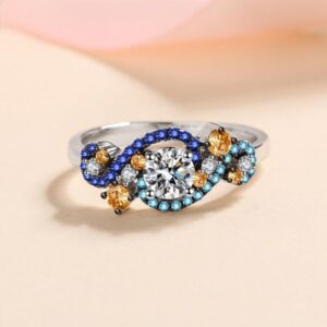 925 Sterling Silver Moissanite Ring with Colorful Blue and Orange Gemstones – Elegant Design, 0.5ct Main Stone
