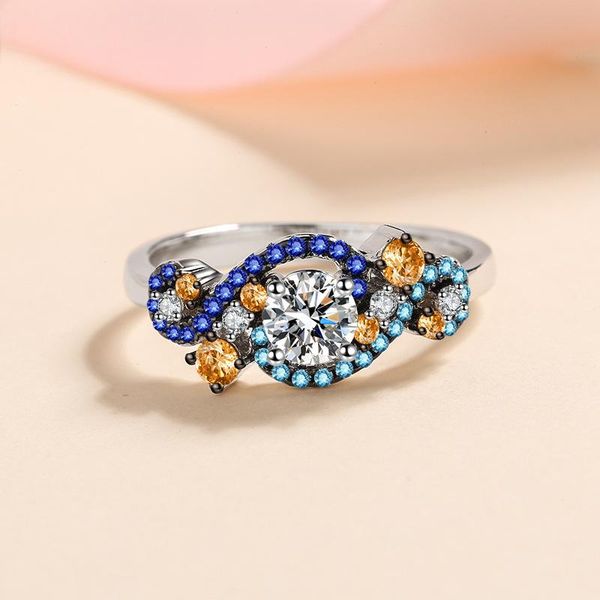 925 Sterling Silver Moissanite Ring with Colorful Blue and Orange Gemstones - Elegant Design, 0.5ct Main Stone