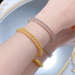 Elegant S925 Silver Four-Leaf Clover Open Cuff Bracelet, Gold-Plated, Chic and High-End Fashion for Women.