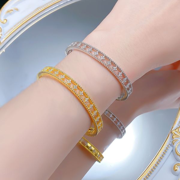 Elegant S925 Silver Four-Leaf Clover Open Cuff Bracelet, Gold-Plated, Chic and High-End Fashion for Women.
