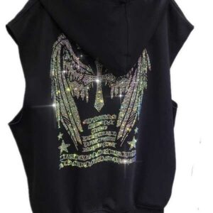 150kg Wearable Zipper Plus Size Heavy Rhinestone Wing Hooded Cardigan Sleeveless hoodiescotton Jacket Vest