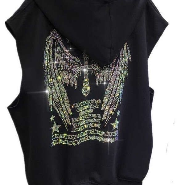 150kg Wearable Zipper Plus Size Heavy Rhinestone Wing Hooded Cardigan Sleeveless hoodiescotton Jacket Vest
