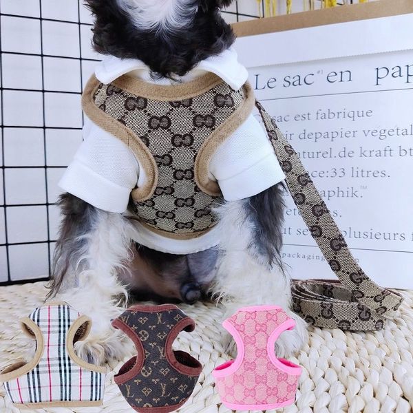 Step-in Dog Harness Leashes Set Designer Pet Vest Classic Jacquard Lettering Soft Air Mesh Dog Harnesses for Small Dogs Cat Teacup Puppies Shih Tzu Khaki L