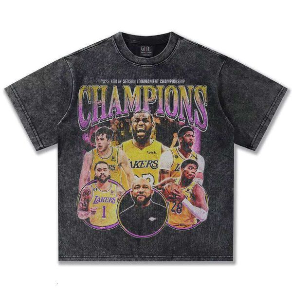 2025 New Arrival Cross Lakers Championship Heavy Cotton Unisex Short Sleeve Nair Collar Design American Style T-Shirt