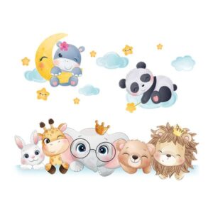 Kawaii Cartoon Animals Wall Sticker for Children Girls Boys Baby Room Decoration Nursery Wallpaper Lion Bear Giraffe Panda Cloud