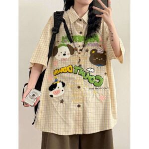 Extra Large Size 150kg Summer Casual Cute Cartoon Puppy Embroidered Plaid Short Sleeve Shirt for Women