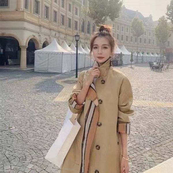 Designer Coat European and American Stripe Style Fashion ing Fake Two Loose Women's Mid-Length Trench Coats 06