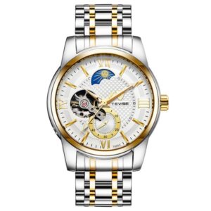 TEVISE Mens Automatic Mechanical Business Watch with Stainless Steel Strap Moonwatch Phase and Waterproof Function T046-T805C