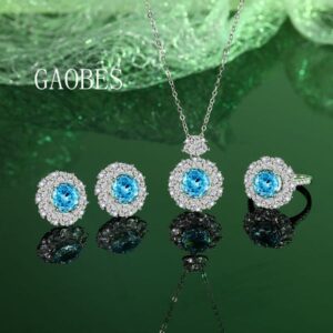 S925 Sterling Silver Aqua Blue Moissanite Jewelry Set with High Carbon Diamonds, Necklace, Earrings, and Ring for Women