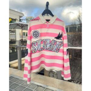 Men's T Shirts Harajuku Top SUME Text Rhinestone Print Long Sleeved Shirt Style Retro Striped Hip-hop Street Collar d38