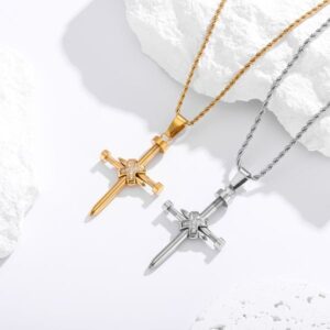 Fashion Cross Collar Chain with Diamond Engraved Pendant – For Both Men and Women, Characteristic Style, Trendy Titanium Nail Design