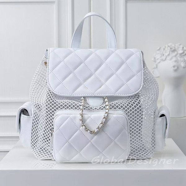 designer women shoulder bags 25ss hollow mesh backpack bag genuine leather large fishnet crossbody bag diamond lattice brand lady chain straps high quality purse 7A