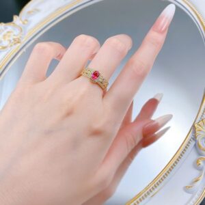 S925 Silver 4*6mm Oval Ruby Ring with Gold Plating and Diamond Embellishments – Elegant and Versatile Everyday Accessory