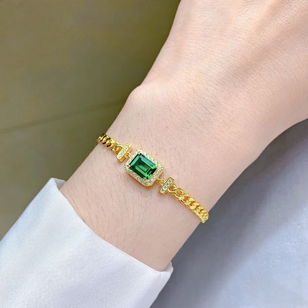 New S925 Sterling Silver Bracelet with 6x8mm Faux Emerald, Simple & Elegant Design for Women, Luxury Minimalist Jewelry
