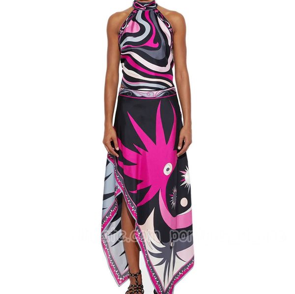 Color Blocked Skirt Outfit Designer Sexy Halter Backless Vest Dress Summer Beach Vacation Resort Wear Birthday Dinner Dresses