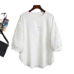 Fashionable women's clothingPlus Size Women's Clothing 1.0-150kg Heavy Embroidery Sequin Lace Half-sleeve T-Shirt