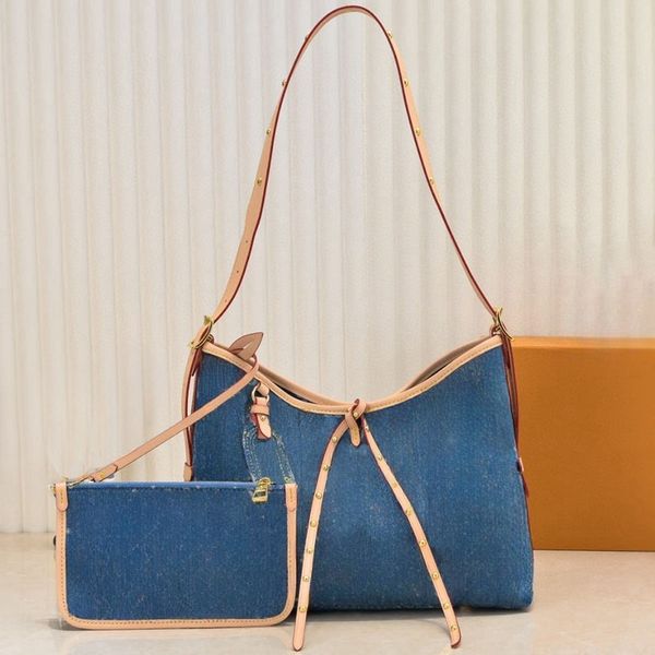 Womens Blue Denim Shopping Bags With Old wers Wallet Pouch Top Handle Totes Underarm Purse Large Capacity Outdoor Sacoche Handbags 39/29cm