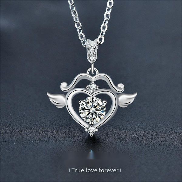 S925 Sterling Silver Cupid Arrow Heart Moissanite Necklace for Women, Dainty Pendant with Wings, Creative Gift for Anniversary or 520