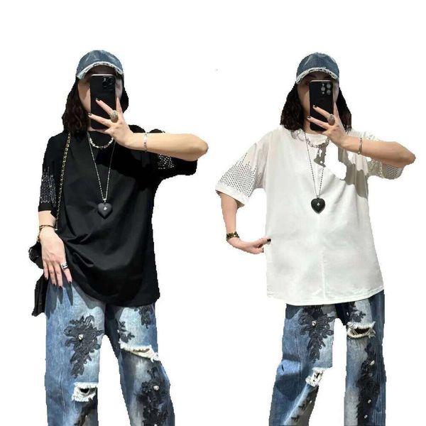 150kg Plus Size Women's Fashion European Style T-Shirt with Shiny Rhinestone Cuff Design, Slim Fit Short Sleeve Top