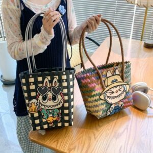 LABUBU Shoulder Bags Handwoven handbag vegetable basket bag commuting cartoon rattan woven shoulder bag for women