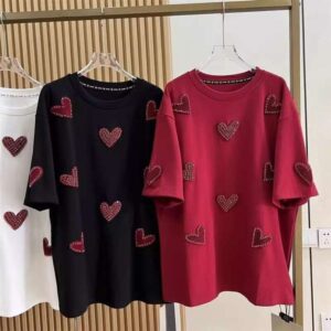 Plus Size 1.0-150kg Fat MM Spring Heavy Embroidered Heart Towel Short Sleeve T-Shirt for Women with Beading Loose Top