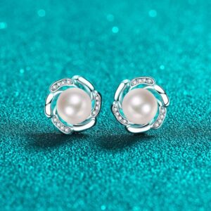 Sterling silver moissanite pearl floral bud stud earrings for women, elegant minimalist design, sweet and stylish daily wear jewelry