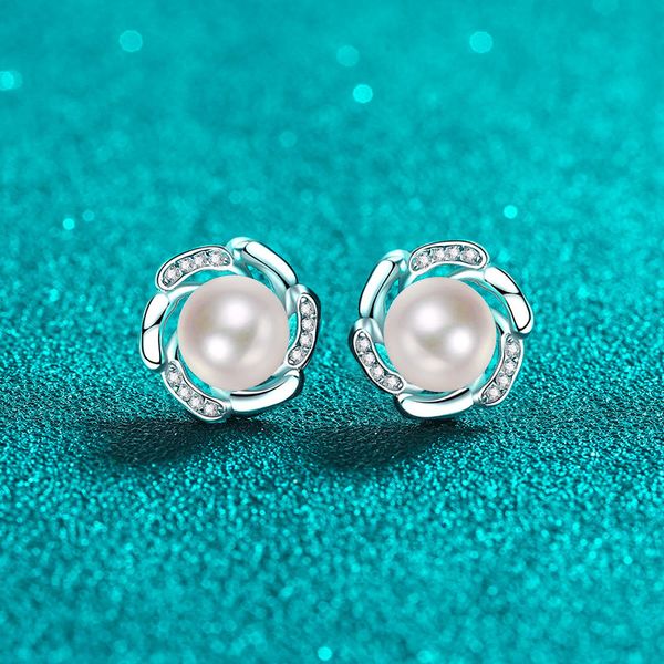 Sterling silver moissanite pearl floral bud stud earrings for women, elegant minimalist design, sweet and stylish daily wear jewelry