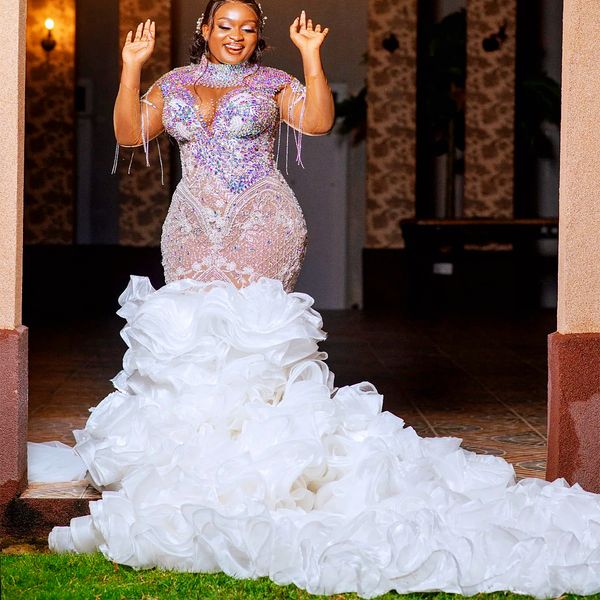 2024 Arabic Aso Ebi Plus Size Illusion Ivory Mermaid Wedding Dresses Beaded Crystals Lace Full Sleeves Vintage Bridal Gowns Dress ZJ025