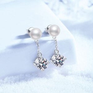 S925 Sterling Silver Stud Earrings, Natural Freshwater Pearls with 1-Carat Moissanite, Classic Four-Prong Design, High-End Earrings for Women, Wholesale