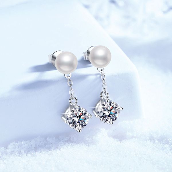 S925 Sterling Silver Stud Earrings, Natural Freshwater Pearls with 1-Carat Moissanite, Classic Four-Prong Design, High-End Earrings for Women, Wholesale