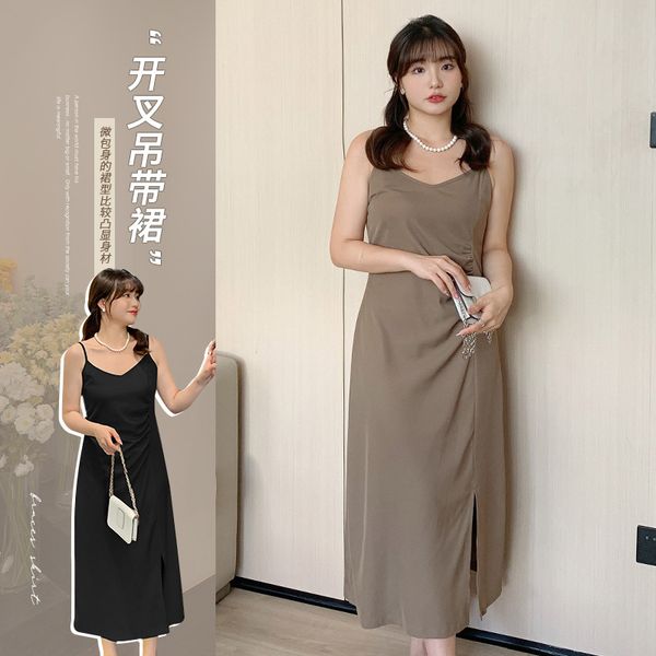 B439Summer new arrival fat mm plus size women's solid color pleated slim slit mid-length suspender dress