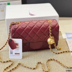 Small Gold Ball Chain Fashion Women Shoulder Bag Leather Rib Check Gold Hardware Metal Twistlock Adjustable Matelasse Chain Hand Crossbody Bag Dinner Bag Purse 20cm