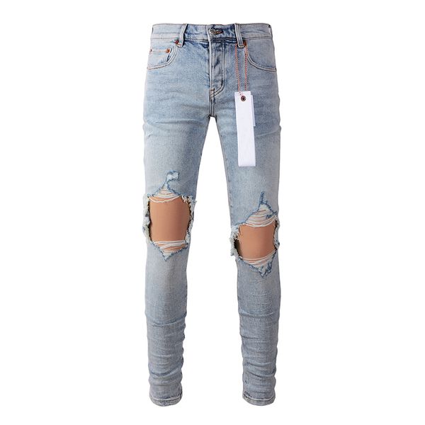 Men's American High Street Fashion Distressed Washed Classical Blue Damaged Holes Stretch Skinny Button Fly Jeans Pants